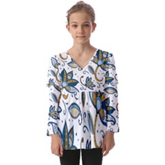 Flowers Blue Texture Style Batik Kids  V Neck Casual Top