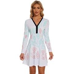 Pattern T- Shirt Pattern Floral T- Shirt Long Sleeve Deep V Mini Dress 