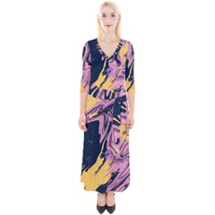 Pink Black And Yellow Abstract Painting Quarter Sleeve Wrap Maxi Dress