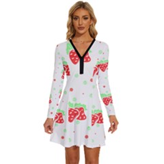 Strawberry T- Shirt S T R A W B E R R Y P A T T E R N T- Shirt Long Sleeve Deep V Mini Dress 