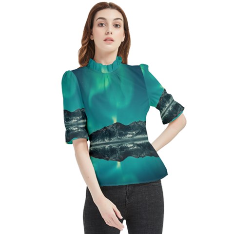 Blue And Green Sky And Mountain Frill Neck Blouse by Jancukart