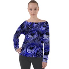 Purple Peacock Feather Off Shoulder Long Sleeve Velour Top