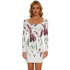 Tropical T- Shirt Tropical Pattern Hawaii T- Shirt Long Sleeve Square Neck Bodycon Velour Dress