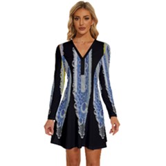 Pencil Colorfull Pattern Long Sleeve Deep V Mini Dress 