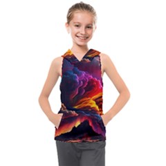 Ocean Sea Wave Clouds Mountain Colorful Sky Art Kids  Sleeveless Hoodie by Pakemis