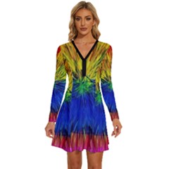 Colour Background Structure Lines Explosion Pop Long Sleeve Deep V Mini Dress 