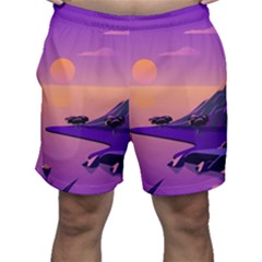 Sunset Sea Ocean Purple Pink Flowers Stone Men s Shorts