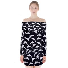 Dolphins Fish Pattern Ocean Sea Fins Aquatic Long Sleeve Off Shoulder Dress by Jancukart