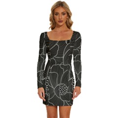 Flower Pattern Background Floral Beautiful Bloom Long Sleeve Square Neck Bodycon Velour Dress