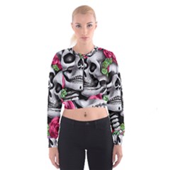 Black Skulls Red Roses Cropped Sweatshirt by GardenOfOphir