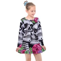 Black Skulls Red Roses Kids  Long Sleeve Dress by GardenOfOphir