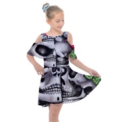 Black Skulls Red Roses Kids  Shoulder Cutout Chiffon Dress by GardenOfOphir