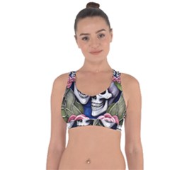 Skulls And Flowers Cross String Back Sports Bra