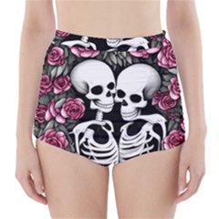 Black And White Rose Sugar Skull High-waisted Bikini Bottoms by GardenOfOphir