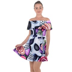 Floral Skeletons Off Shoulder Velour Dress by GardenOfOphir