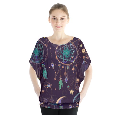 Bohemian  Stars, Moons, And Dreamcatchers Batwing Chiffon Blouse by HWDesign