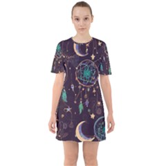 Bohemian  Stars, Moons, And Dreamcatchers Sixties Short Sleeve Mini Dress by HWDesign