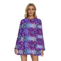 Snow White Blue Purple Tulip Round Neck Long Sleeve Bohemian Style Chiffon Mini Dress by Pakemis