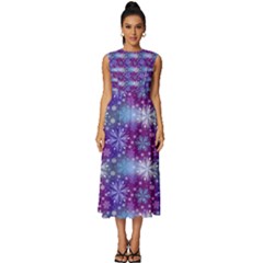 Snow White Blue Purple Tulip Sleeveless Round Neck Midi Dress by Pakemis