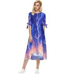 Winter Snow Mountain Fire Flame Bow Sleeve Chiffon Midi Dress