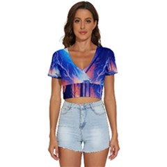 Winter Snow Mountain Fire Flame V-neck Crop Top by Ravend