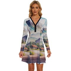 Countryside Trees Grass Mountain Long Sleeve Deep V Mini Dress 