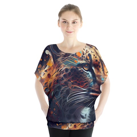 Leopard Feline Artwork Art Fantasy Batwing Chiffon Blouse by Ravend