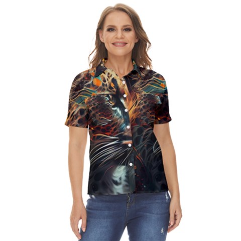 Leopard Feline Artwork Art Fantasy Women s Short Sleeve Double Pocket Shirt by Ravend