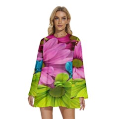 Flowers Wallpaper Round Neck Long Sleeve Bohemian Style Chiffon Mini Dress by artworkshop