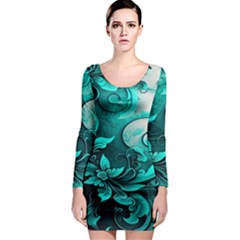 Turquoise Flower Background Long Sleeve Bodycon Dress by artworkshop