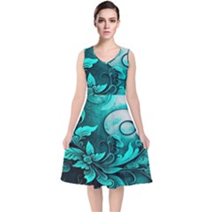 Turquoise Flower Background V-neck Midi Sleeveless Dress  by artworkshop