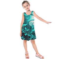 Turquoise Flower Background Kids  Sleeveless Dress by artworkshop