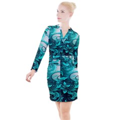 Turquoise Flower Background Button Long Sleeve Dress by artworkshop