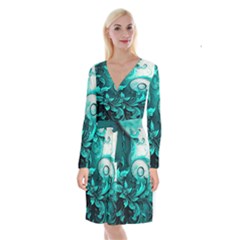 Turquoise Flower Background Long Sleeve Velvet Front Wrap Dress by artworkshop