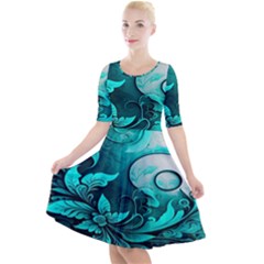 Turquoise Flower Background Quarter Sleeve A-line Dress by artworkshop