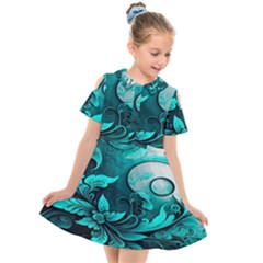 Turquoise Flower Background Kids  Short Sleeve Shirt Dress by artworkshop