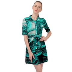 Turquoise Flower Background Belted Shirt Dress by artworkshop