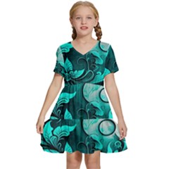 Turquoise Flower Background Kids  Short Sleeve Tiered Mini Dress by artworkshop