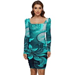 Turquoise Flower Background Women Long Sleeve Ruched Stretch Jersey Dress by artworkshop