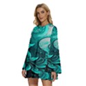 Turquoise Flower Background Round Neck Long Sleeve Bohemian Style Chiffon Mini Dress View2