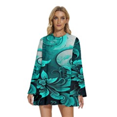 Turquoise Flower Background Round Neck Long Sleeve Bohemian Style Chiffon Mini Dress by artworkshop