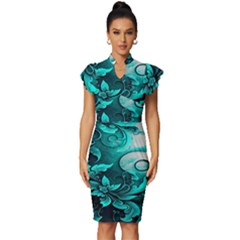 Turquoise Flower Background Vintage Frill Sleeve V-neck Bodycon Dress by artworkshop