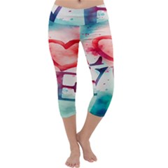 Valentines Day Heart Watercolor Background Capri Yoga Leggings by artworkshop