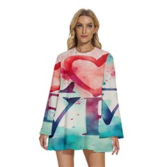 Valentines Day Heart Watercolor Background Round Neck Long Sleeve Bohemian Style Chiffon Mini Dress by artworkshop