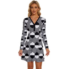 Geometric Pattern Line Form Texture Structure Long Sleeve Deep V Mini Dress 