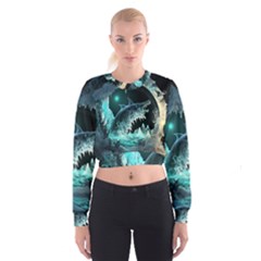 Sculpture Dinosaur Shark Frozen Winter Fantasy Cropped Sweatshirt by Ravend