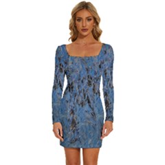 Blue Abstract Texture Print Long Sleeve Square Neck Bodycon Velvet Dress by dflcprintsclothing