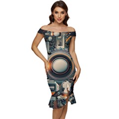 Illustrations Technology Robot Internet Processor Off Shoulder Ruffle Split Hem Bodycon Dress