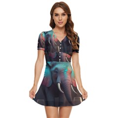 Ai Generated Elephant Tusks Trunk Wildlife Africa V-neck High Waist Chiffon Mini Dress