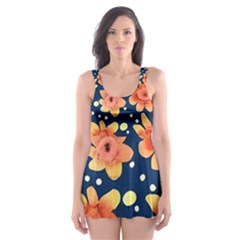Flowers And Polka Dots Watercolor Skater Dress Swimsuit by GardenOfOphir